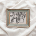 Spotted Horses in Paddock Ink Drawing Wall Art Printable – Vintage Equestrian Sketch Print