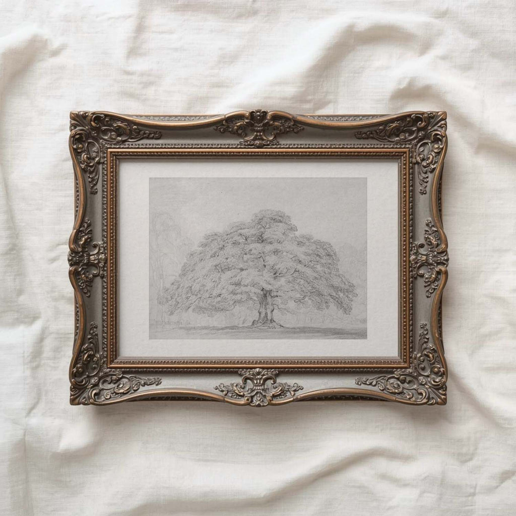 Horizontal Oak Tree Landscape Wall Art Printable | Antique Pencil Sketch Print