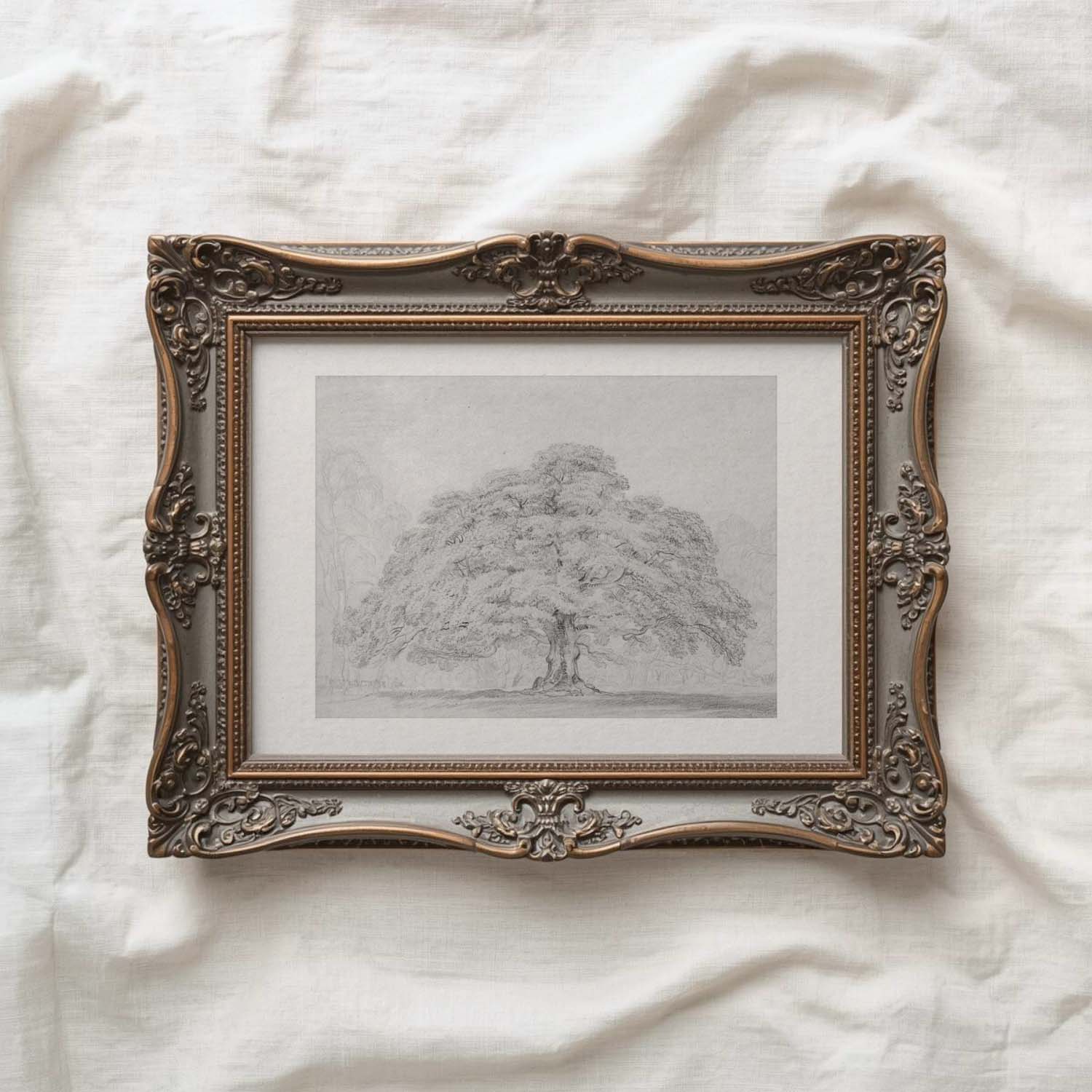 Horizontal Oak Tree Landscape Wall Art Printable | Antique Pencil Sketch Print