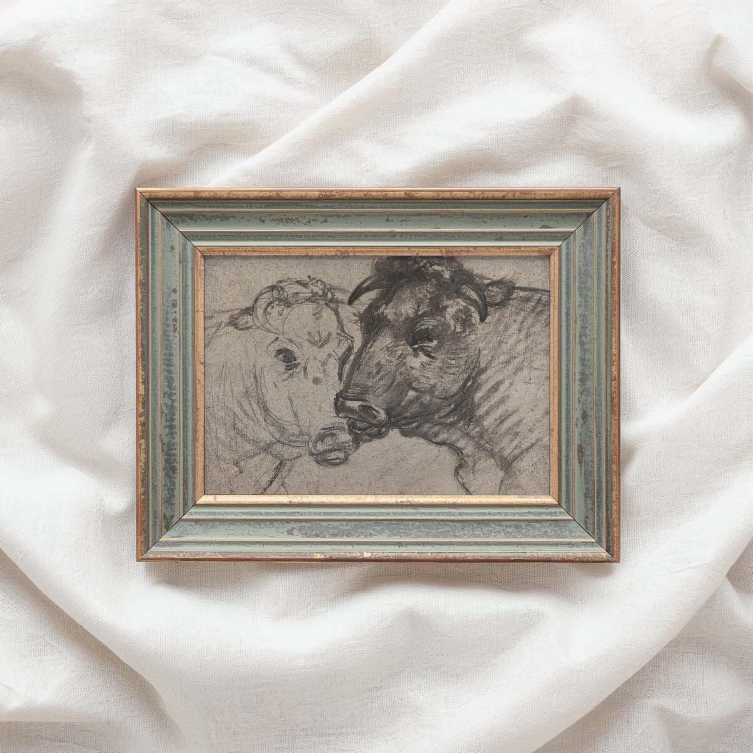Two Cows Wall Art Printable | Vintage Pencil Sketch Farm Animal Print