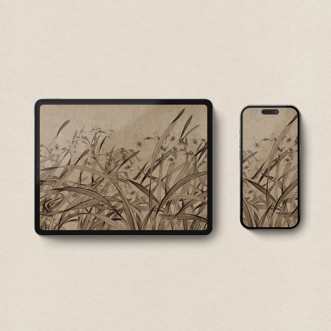 Antique Autumn Wildflower Wallpaper Bundle – Mid Century Neutral Beige Botanical Aesthetic for iPhone iPad Desktop