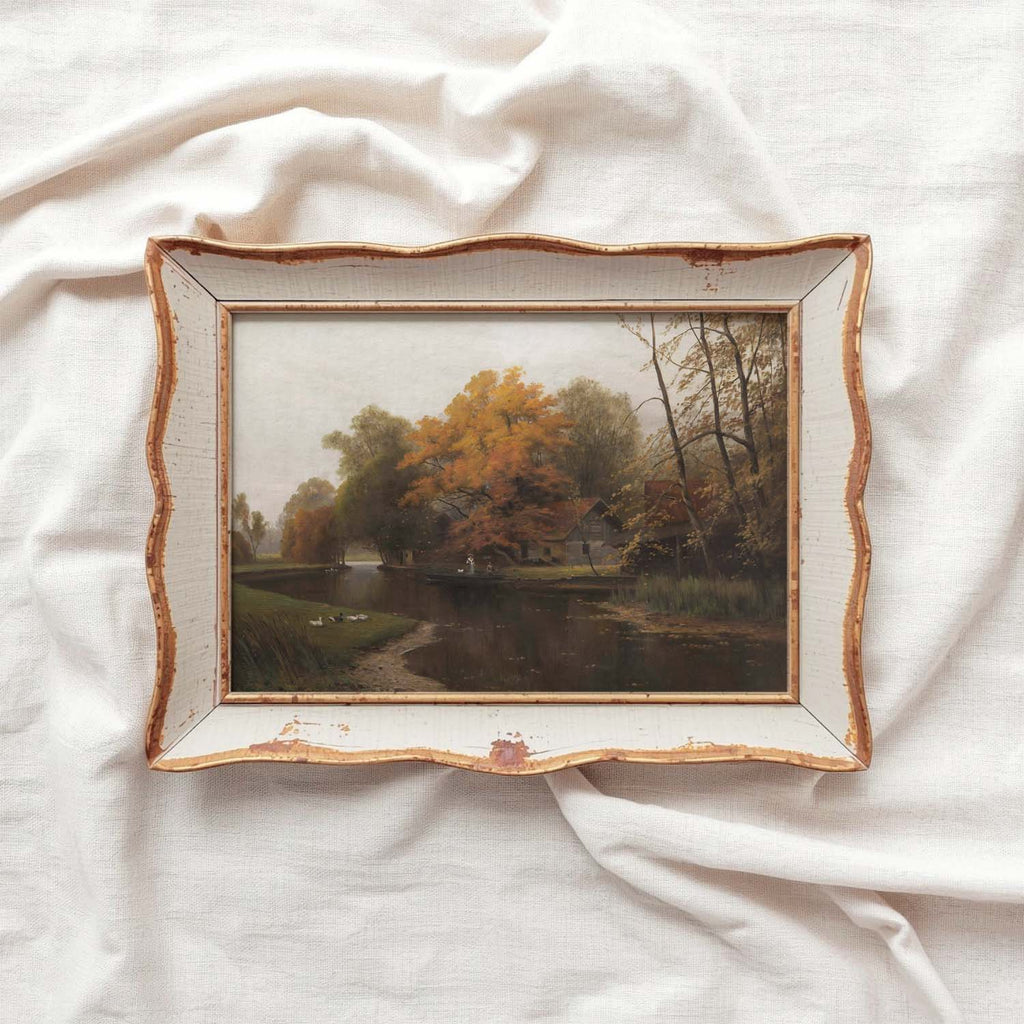 Cozy autumn cabin river forest printable wall decor with warm muted tones and rustic atmosphere.