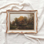 Cozy autumn cabin river forest printable wall decor with warm muted tones and rustic atmosphere.