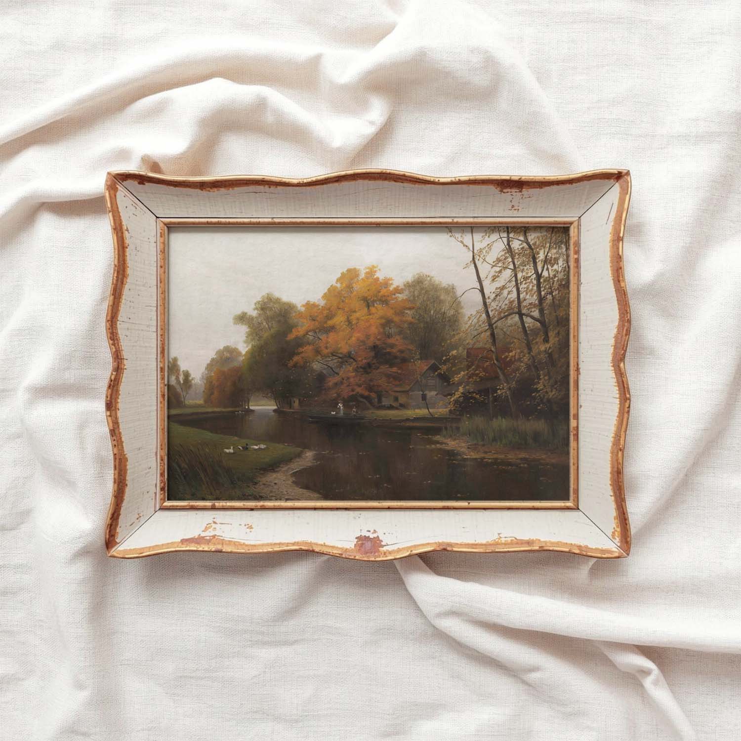 Cozy autumn cabin river forest printable wall decor with warm muted tones and rustic atmosphere.