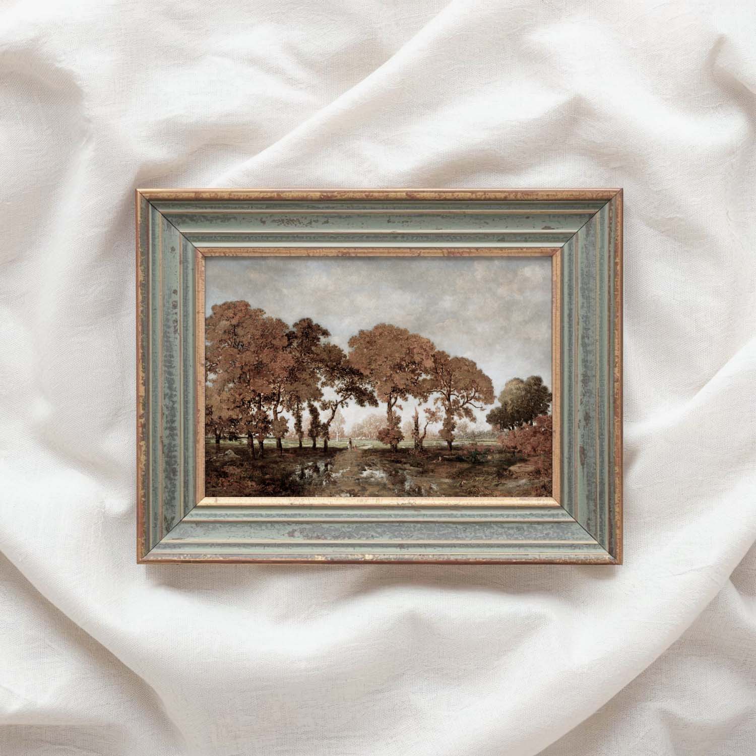 Cozy autumn landscape art print featuring muted brown and blue autumn hues.