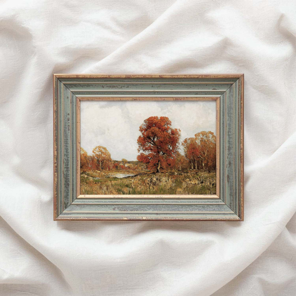 Cozy autumn landscape printable farmhouse wall art with peaceful fall trees and vintage-inspired mood.