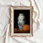 Moody Pumpkin Still Life Wall Art Printable – Vintage Delft Vase Autumn Print (Dark Academia)