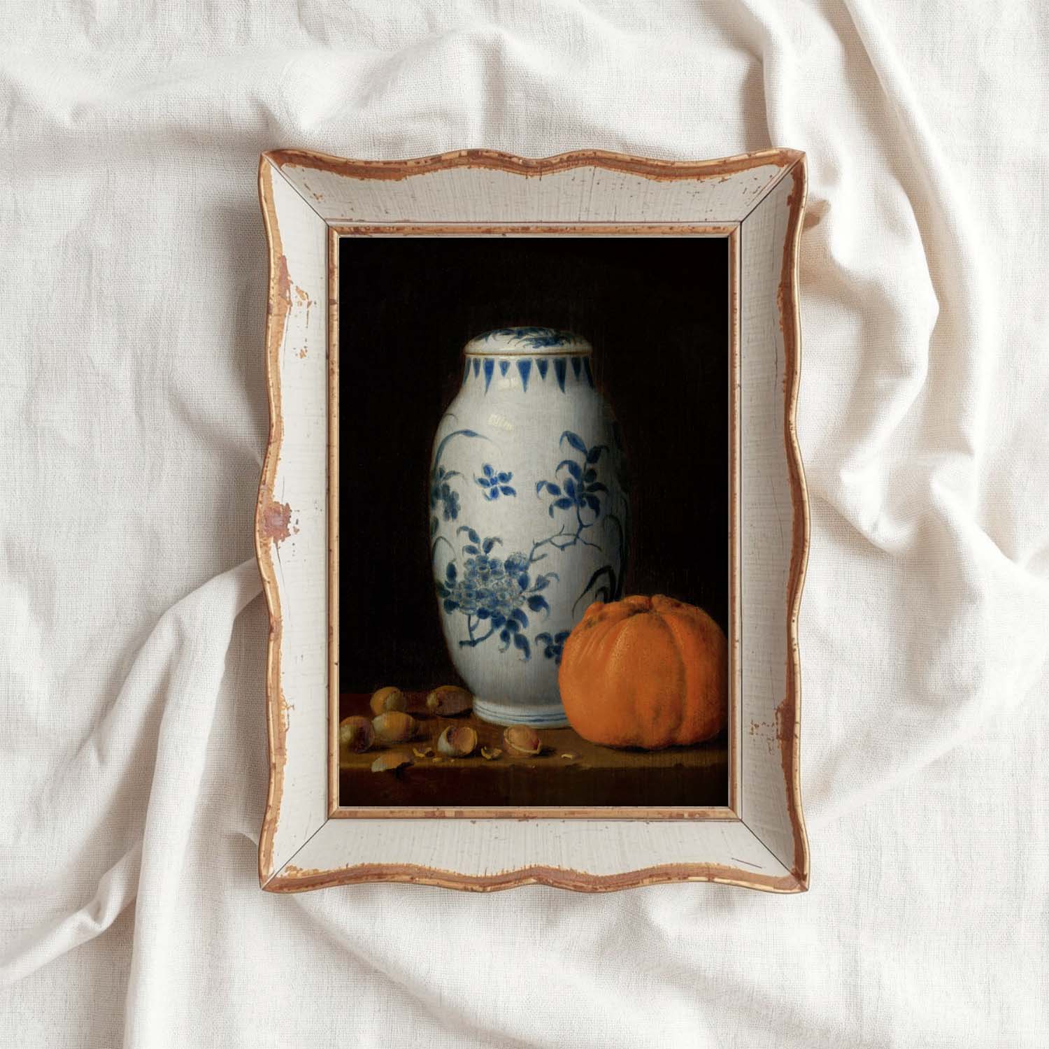 Moody Pumpkin Still Life Wall Art Printable – Vintage Delft Vase Autumn Print (Dark Academia)