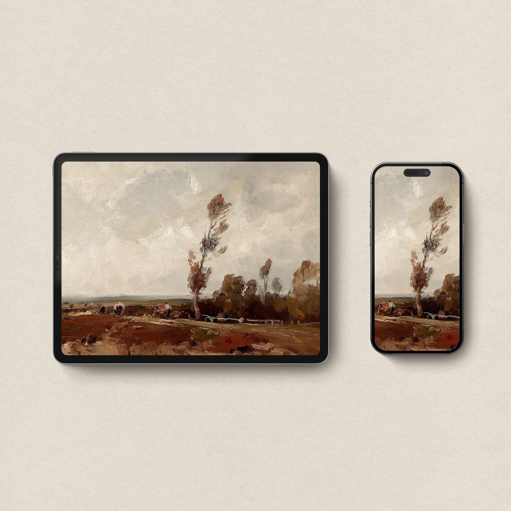 Rustic Fall Countryside matching device wallpaper bundle on iPad screen.
