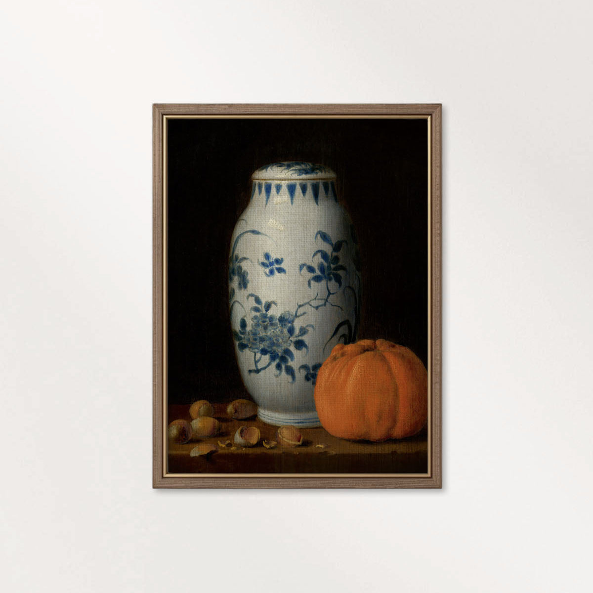 Moody Pumpkin Still Life Wall Art Printable – Vintage Delft Vase Autumn Print (Dark Academia)