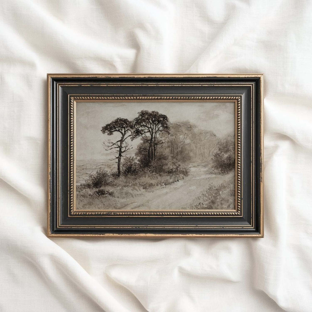 Dark Academia Autumn Landscape Wall Art Printable | Antique Watercolor Neutral Beige Tree Print