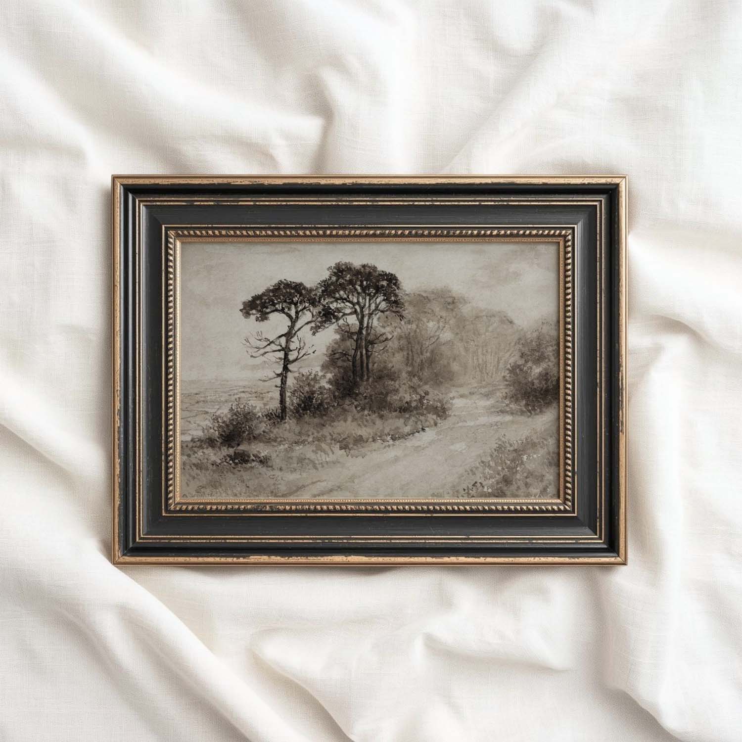 Dark Academia Autumn Landscape Wall Art Printable | Antique Watercolor Neutral Beige Tree Print