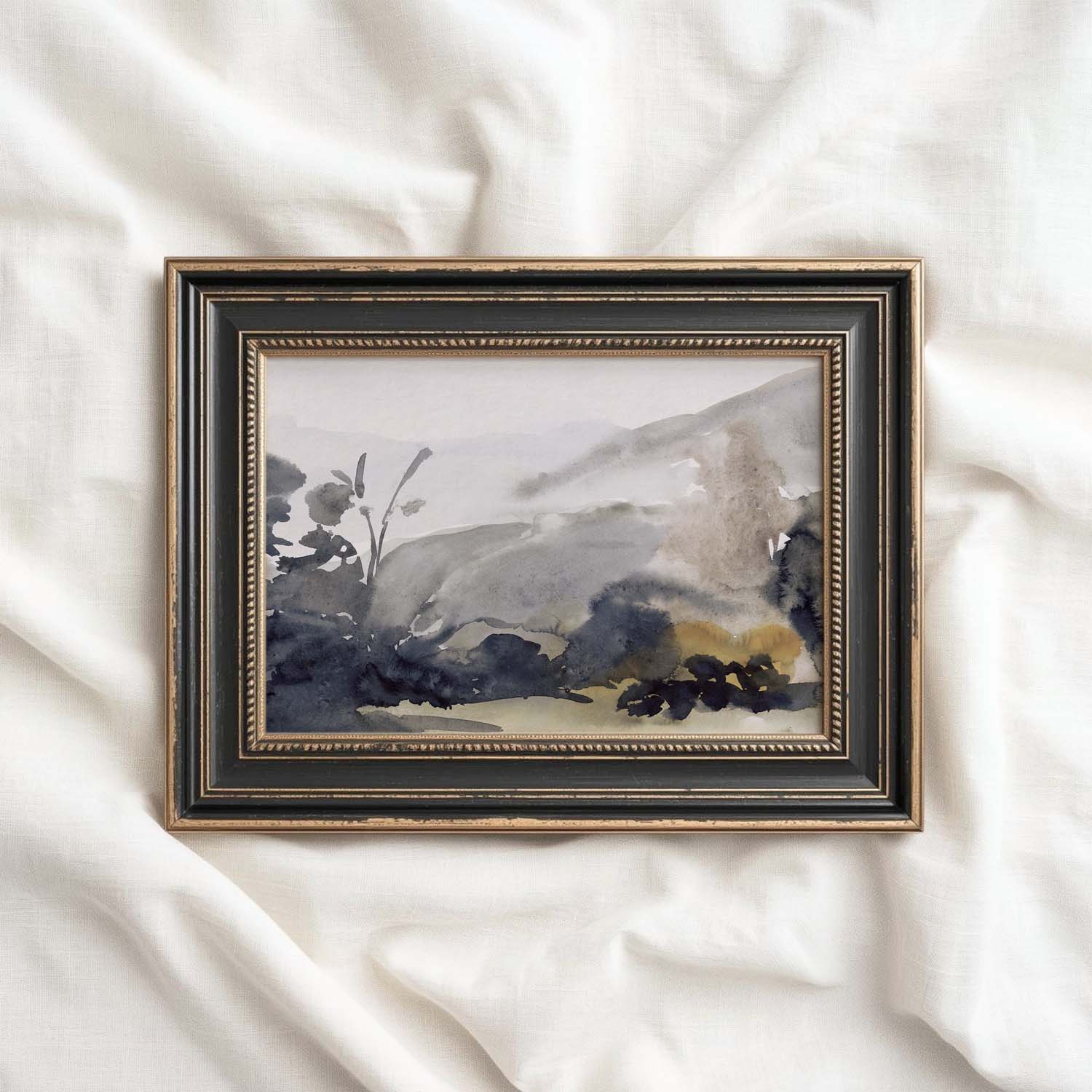 Muted Navy Abstract Printable Wall Art – Vintage Gray Watercolor Landscape Digital Download