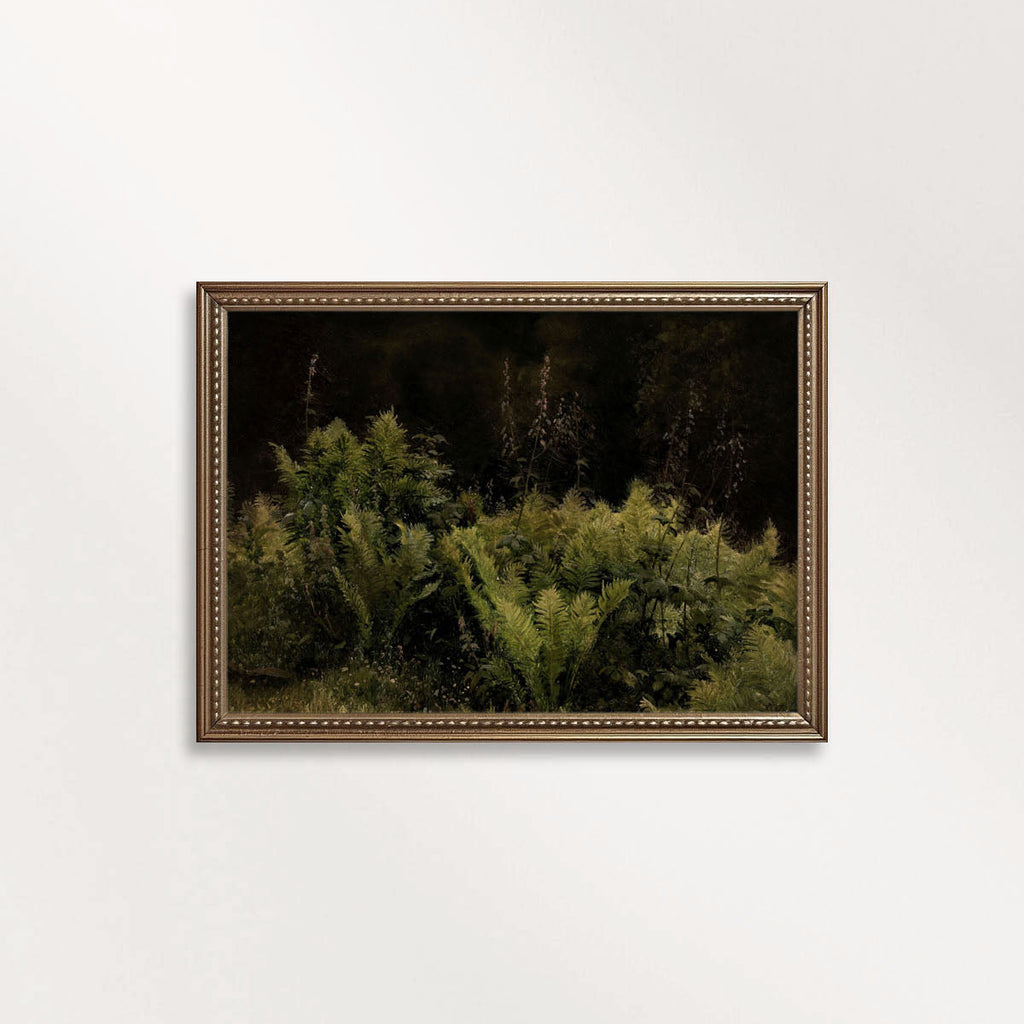 Dark academia botanical fern oil painting designed for a moody study room wall decor aesthetic.