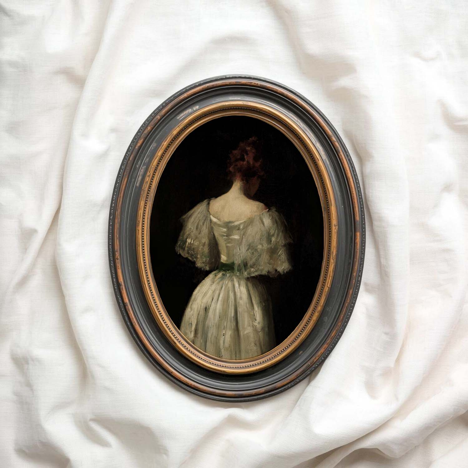 Victorian Bridal Portrait Wall Art Print – Dark Academia Back View Bride Oil Painting (Digital Download)