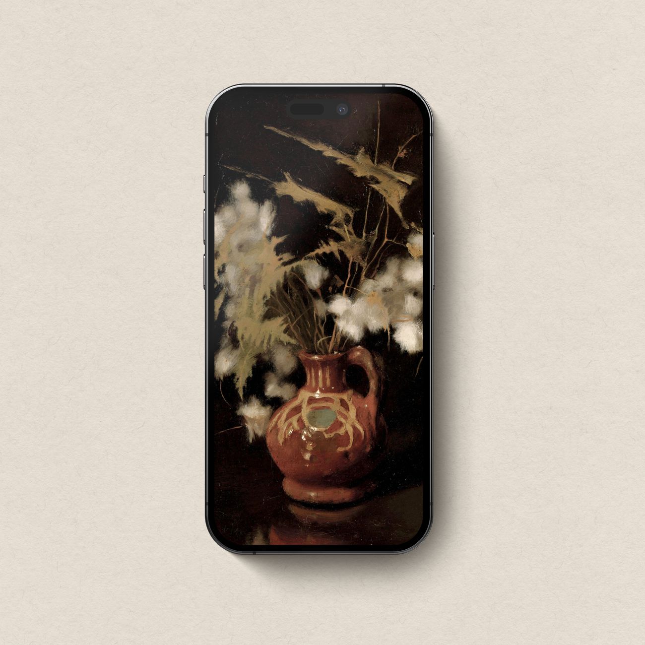 Dark academia cotton iPhone wallpaper with dramatic still life floral composition and vintage fine art mood.