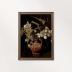 Dark academia cotton still life printable wall art featuring cotton branches in a rustic clay vase against a dramatic black background.