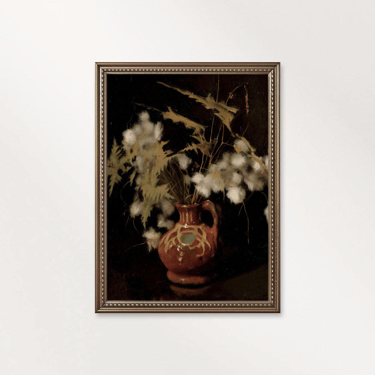Dark academia cotton still life printable wall art featuring cotton branches in a rustic clay vase against a dramatic black background.