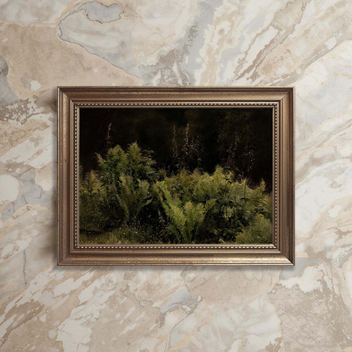 Dark academia fern painting vintage botanical wall art with dramatic woodland atmosphere and antique-inspired styling.