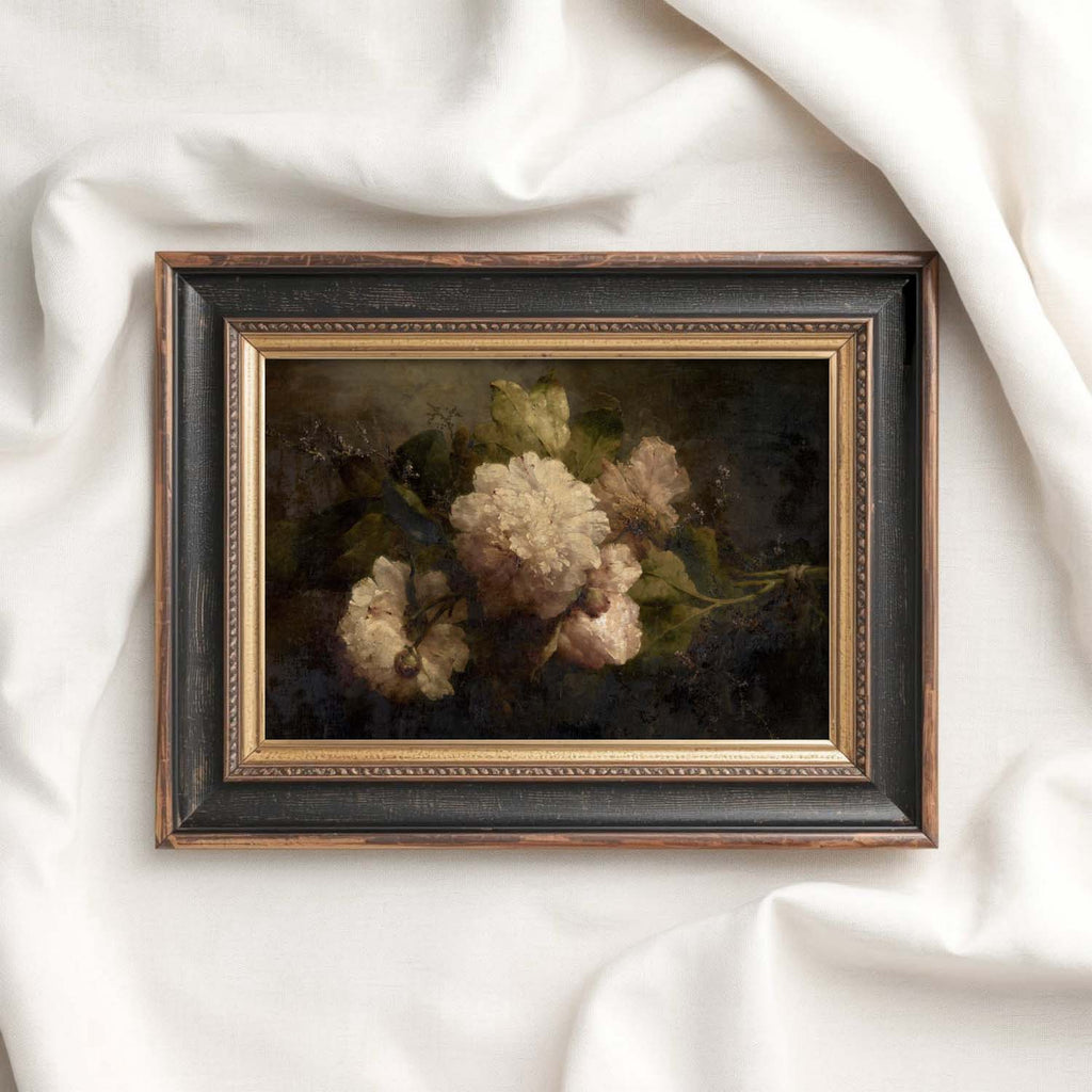 Antique Dark Floral Rose Oil Painting Wall Art Printable – Vintage Botanical Print (Dark Academia)