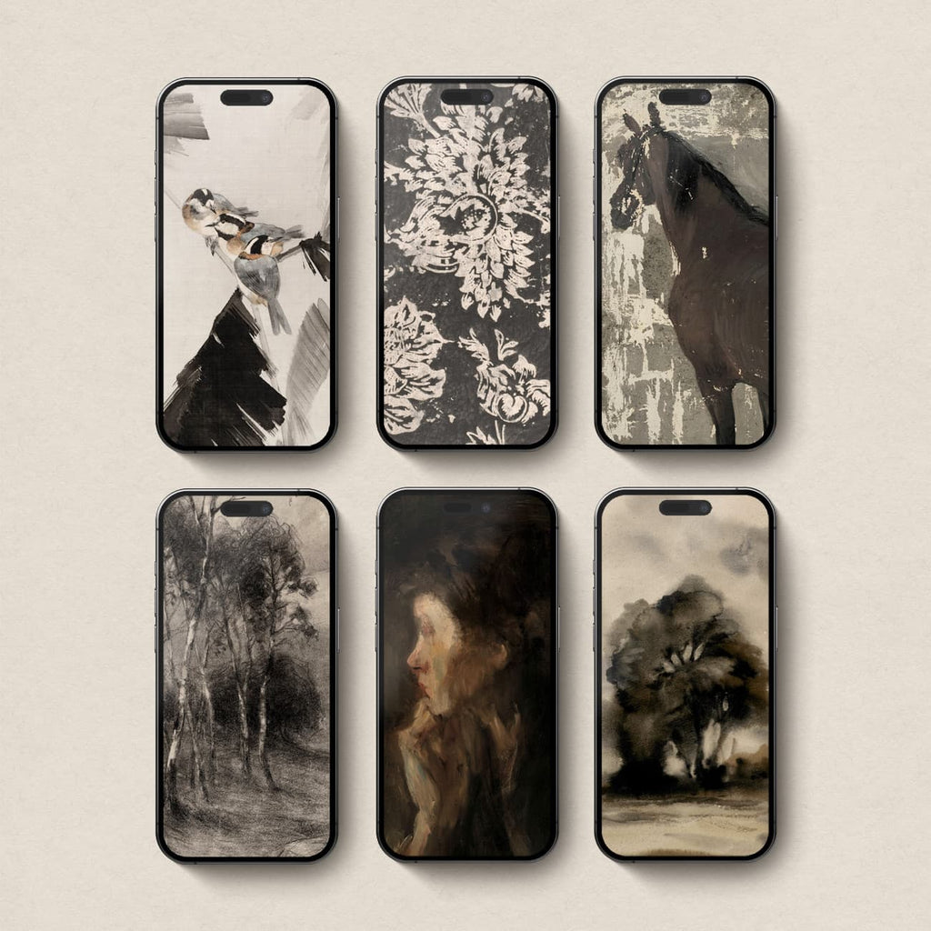Set of 6 dark academia iPhone wallpapers featuring vintage birds, antique patterns, horse art, moody portrait and dark woodland landscapes