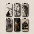 Set of 6 dark academia iPhone wallpapers featuring vintage birds, antique patterns, horse art, moody portrait and dark woodland landscapes