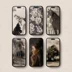 Set of 6 dark academia iPhone wallpapers featuring vintage birds, antique patterns, horse art, moody portrait and dark woodland landscapes