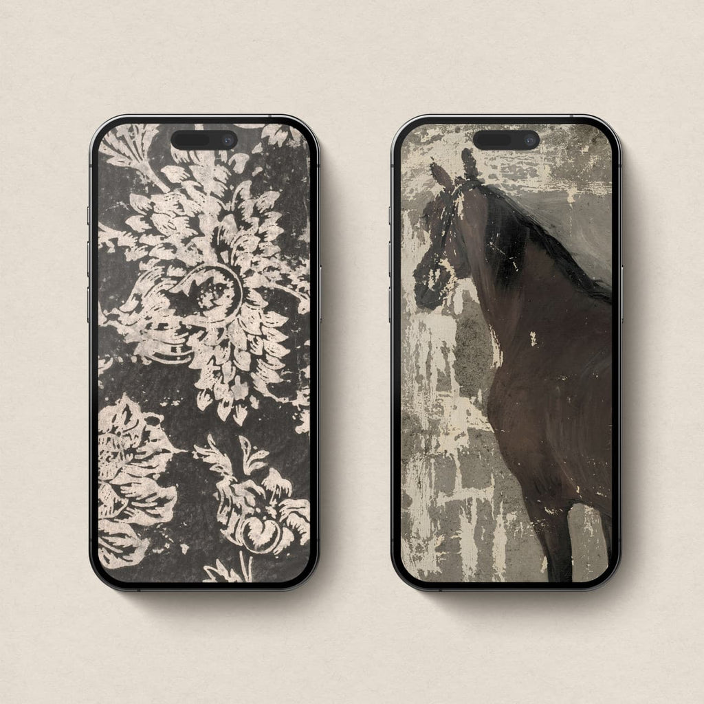 Dark academia iPhone wallpapers featuring an antique black floral pattern and distressed black horse artwork