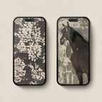 Dark academia iPhone wallpapers featuring an antique black floral pattern and distressed black horse artwork