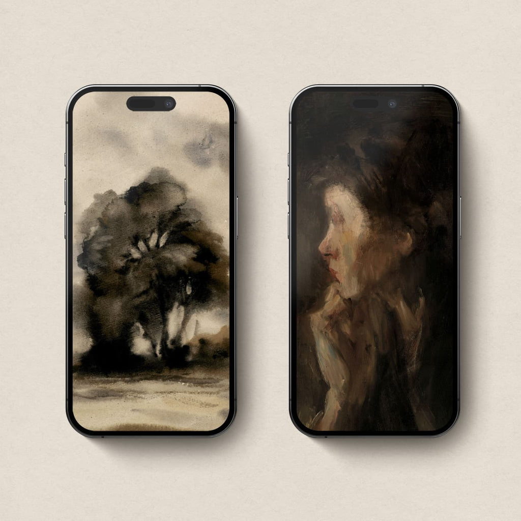 Dark academia iPhone wallpapers featuring a moody black tree landscape and shadowy vintage woman portrait