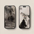 Dark academia iPhone wallpapers featuring a charcoal woodland landscape and vintage birds with black brushwork