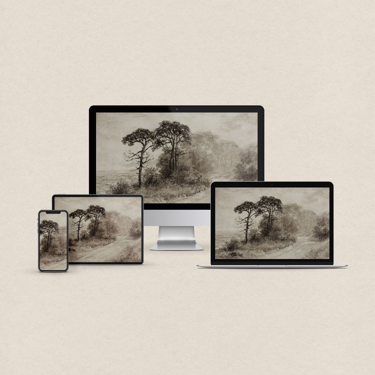 Antique autumn landscape desktop wallpaper in neutral beige tones with a dark academia aesthetic and matching device wallpapers