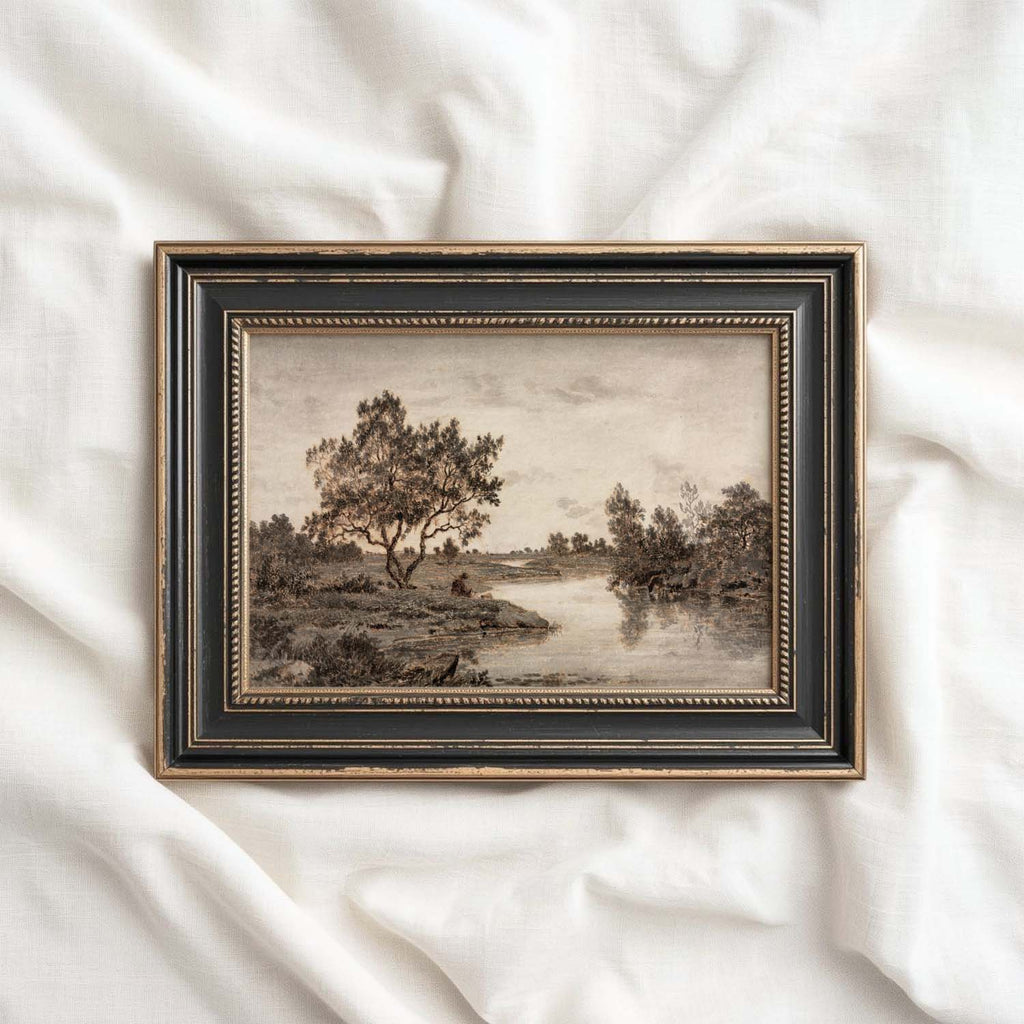 Sepia Country Landscape Tree Sketch Wall Art Printable – Vintage Rustic Nature Drawing Print