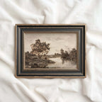 Sepia Country Landscape Tree Sketch Wall Art Printable – Vintage Rustic Nature Drawing Print