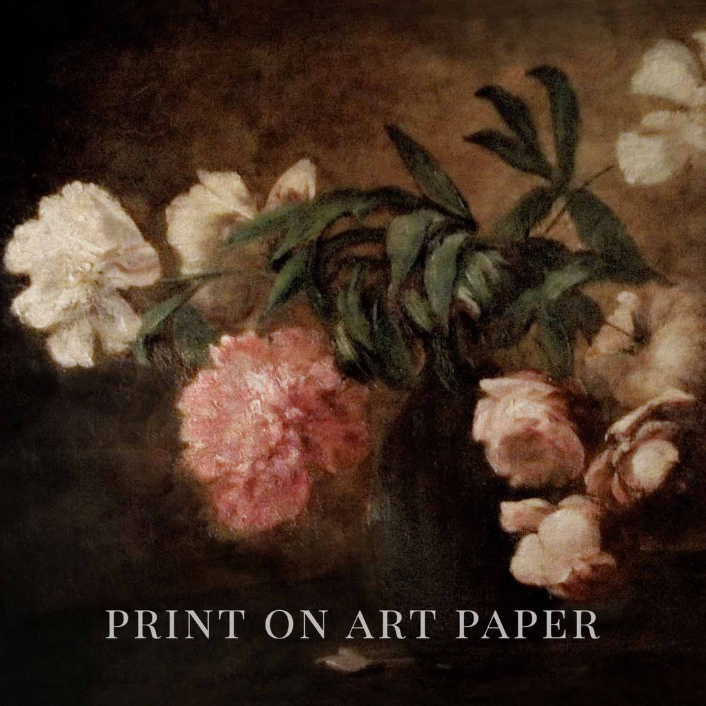 Dark academia style rose still life printable wall art with moody tones and vintage vintage-art details.