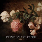 Dark academia style rose still life printable wall art with moody tones and vintage vintage-art details.