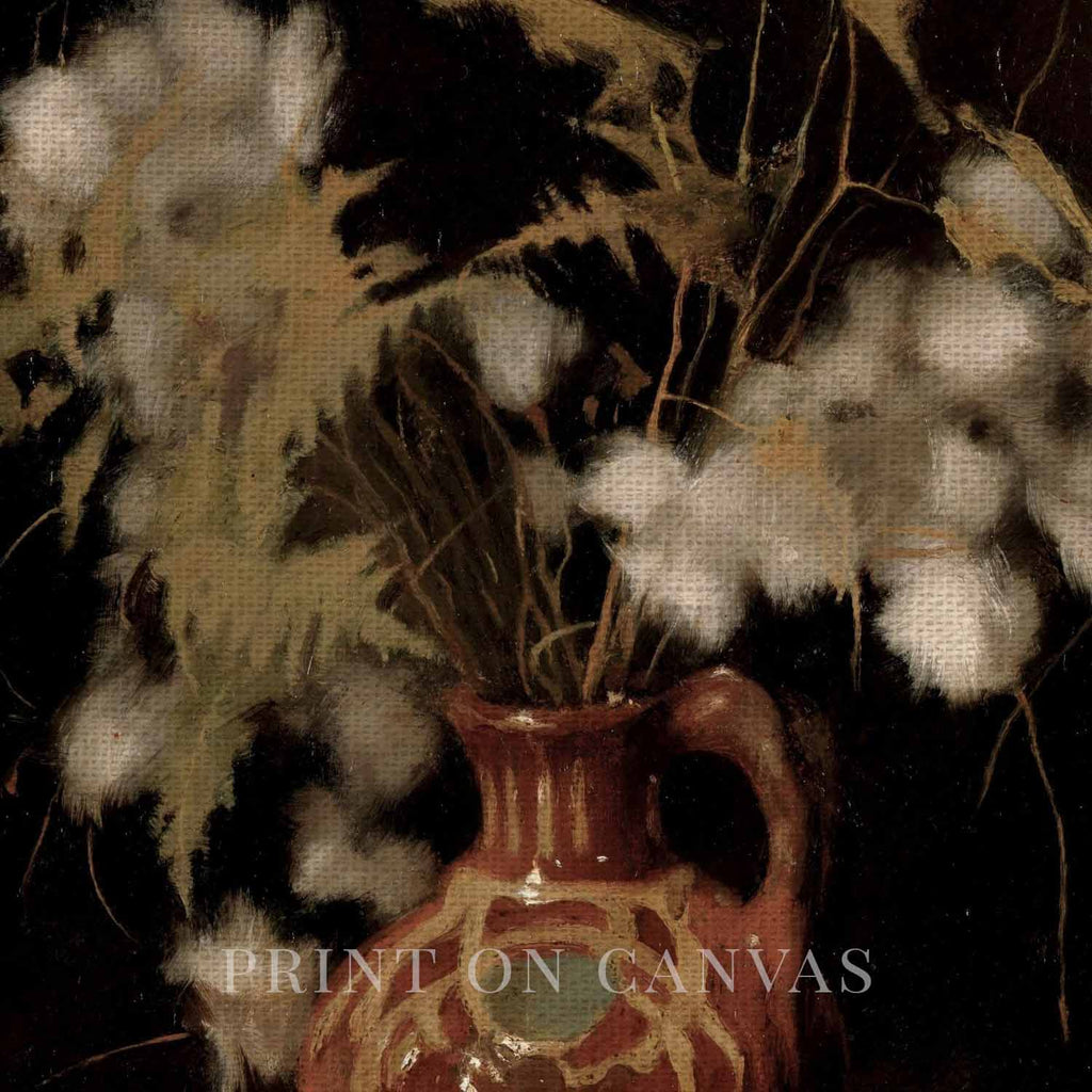Dark academia still life floral wall decor featuring cotton stems, vintage oil painting texture, and dramatic contrast.
