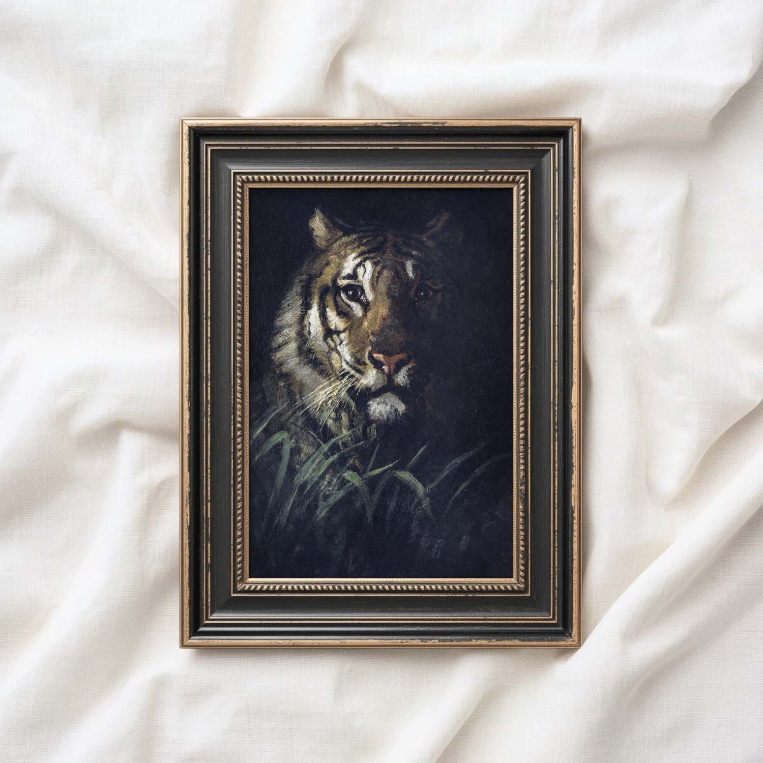 Dark academia tiger jungle fine art oil painting with antique-inspired wildlife composition and rich tones.