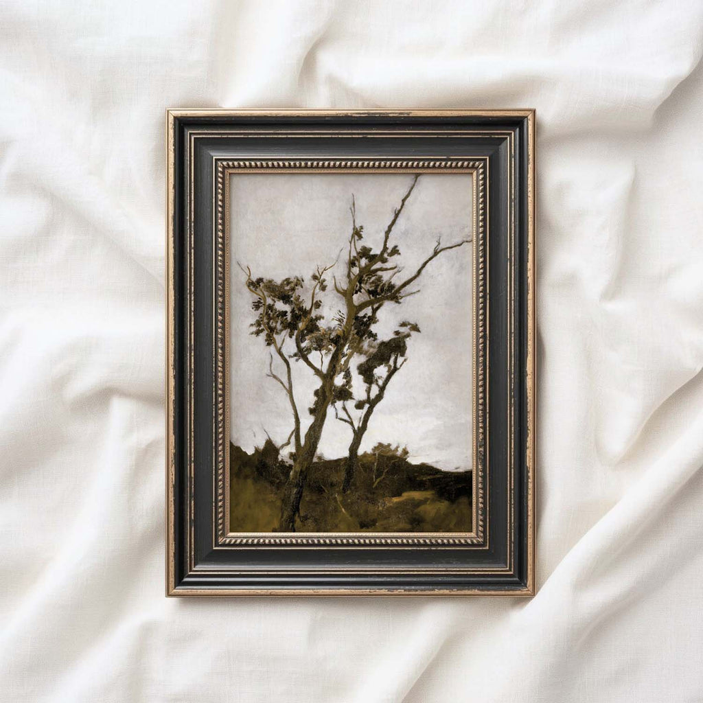 Dark academia tree print vertical fall printable wall art with moody vintage tree art style.