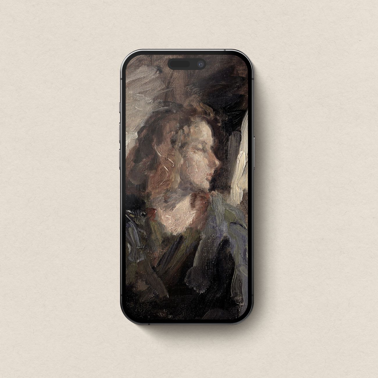 Dark academia inspired vintage art iPhone wallpaper featuring a modern rustic farmhouse portrait look.