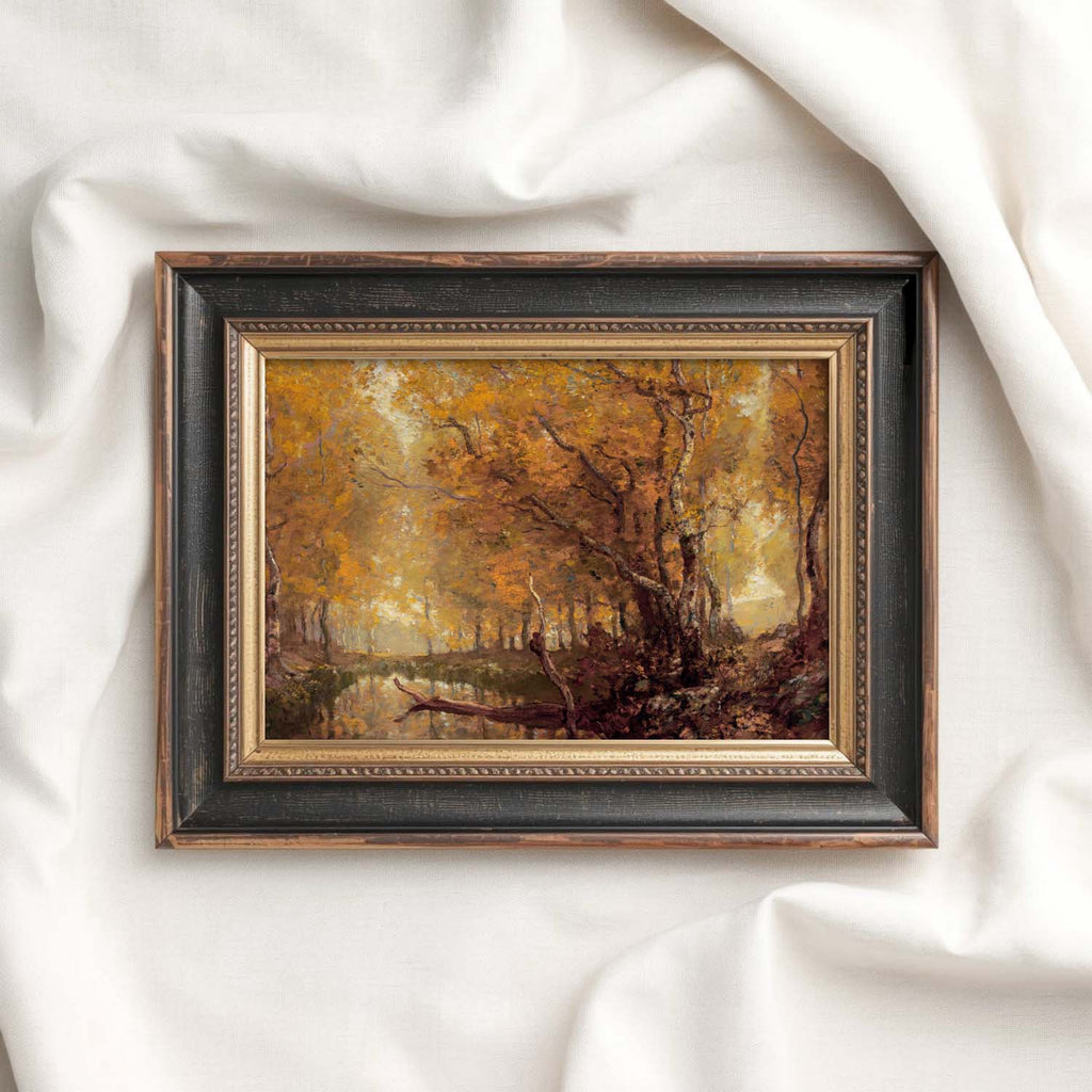 Dark autumn forest pond vintage wall art print with moody woodland scenery and muted fall colors.