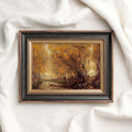 Dark autumn forest pond vintage wall art print with moody woodland scenery and muted fall colors.