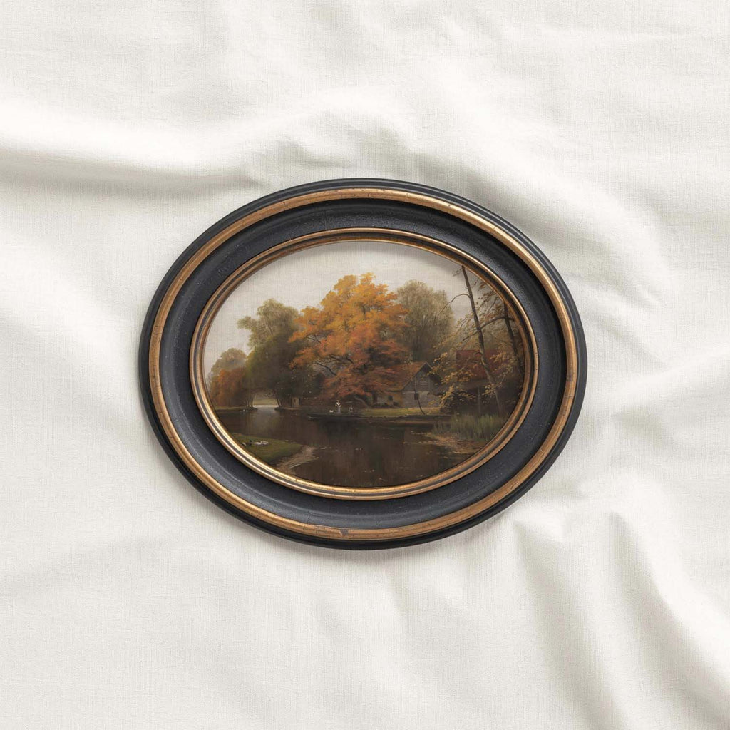Dark cottagecore river cabin vintage fall wall art featuring a muted autumn forest landscape.