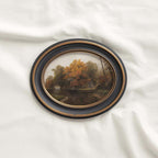 Dark cottagecore river cabin vintage fall wall art featuring a muted autumn forest landscape.