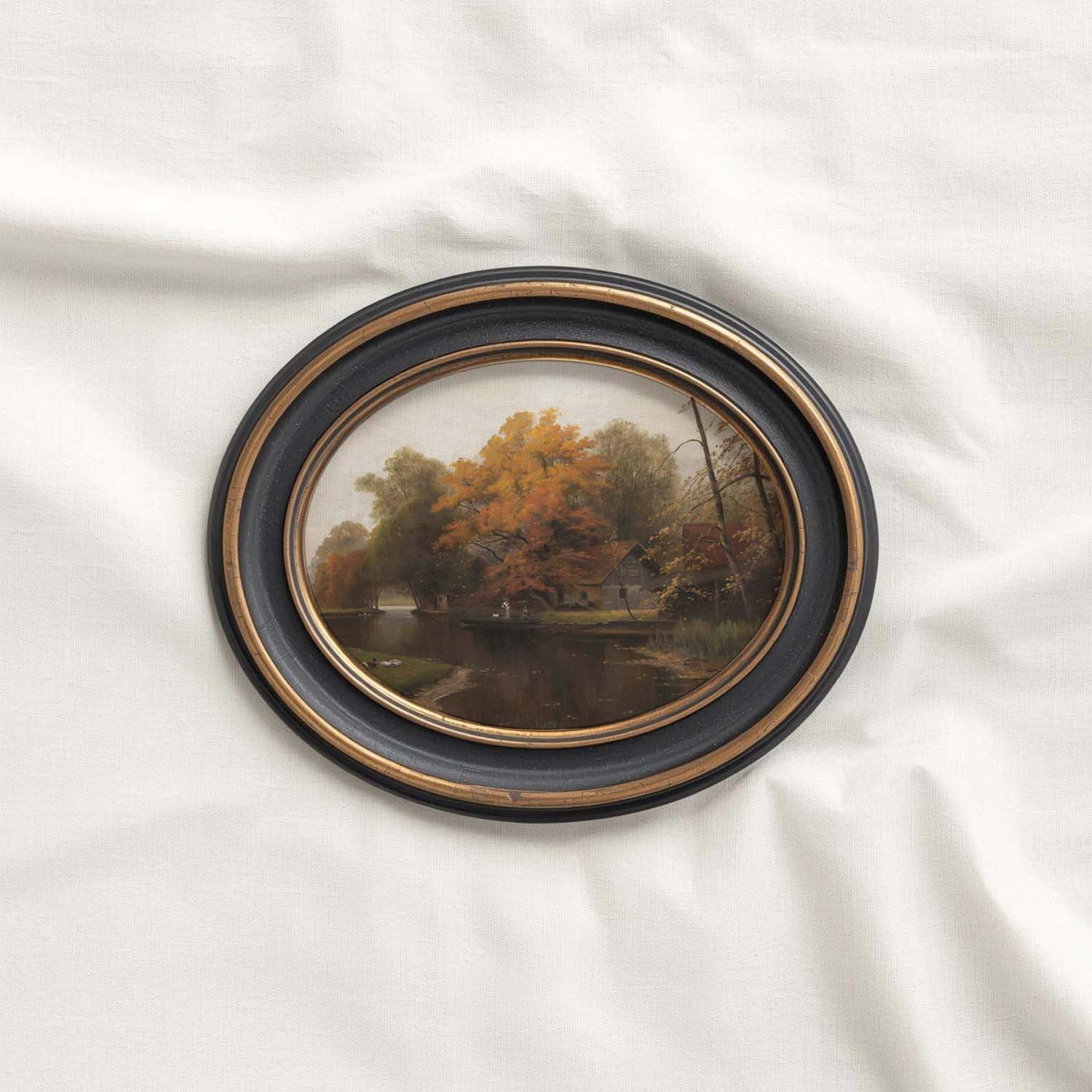 Dark cottagecore river cabin vintage fall wall art featuring a muted autumn forest landscape.