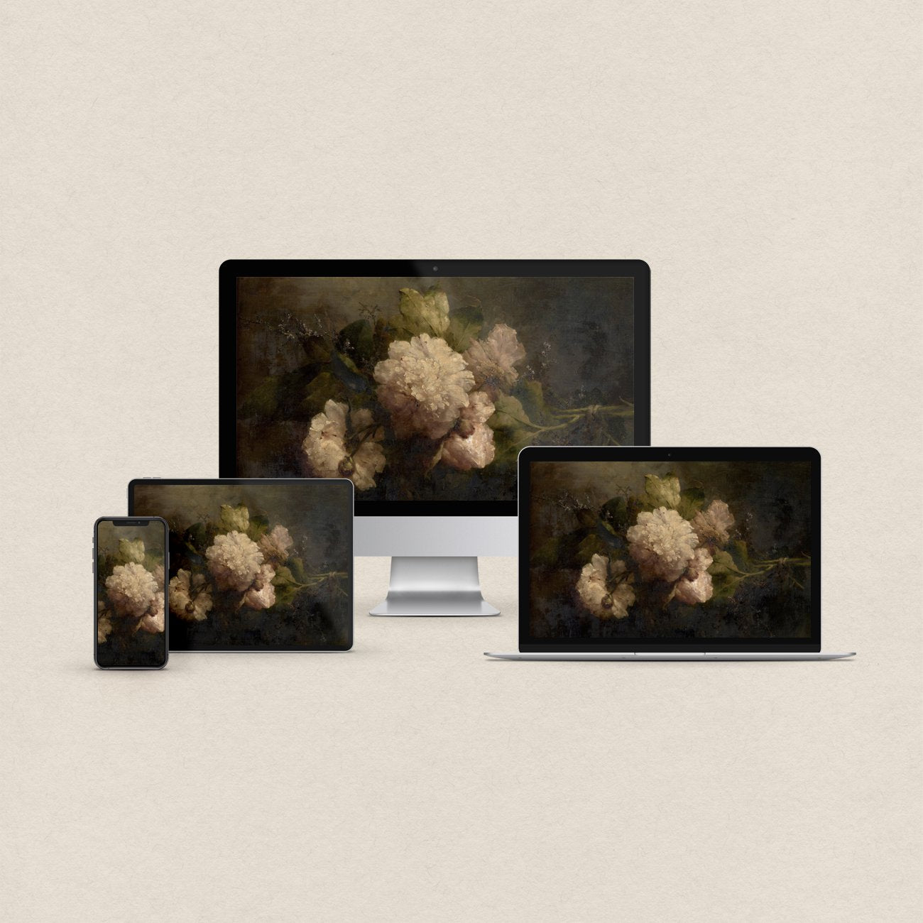 Dark floral desktop wallpaper featuring an antique rose oil painting with a moody Dark Academia aesthetic and matching device wallpapers