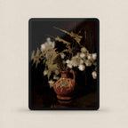 Dark floral still life iPad wallpaper with vintage cotton branches and dramatic academic fine art styling.