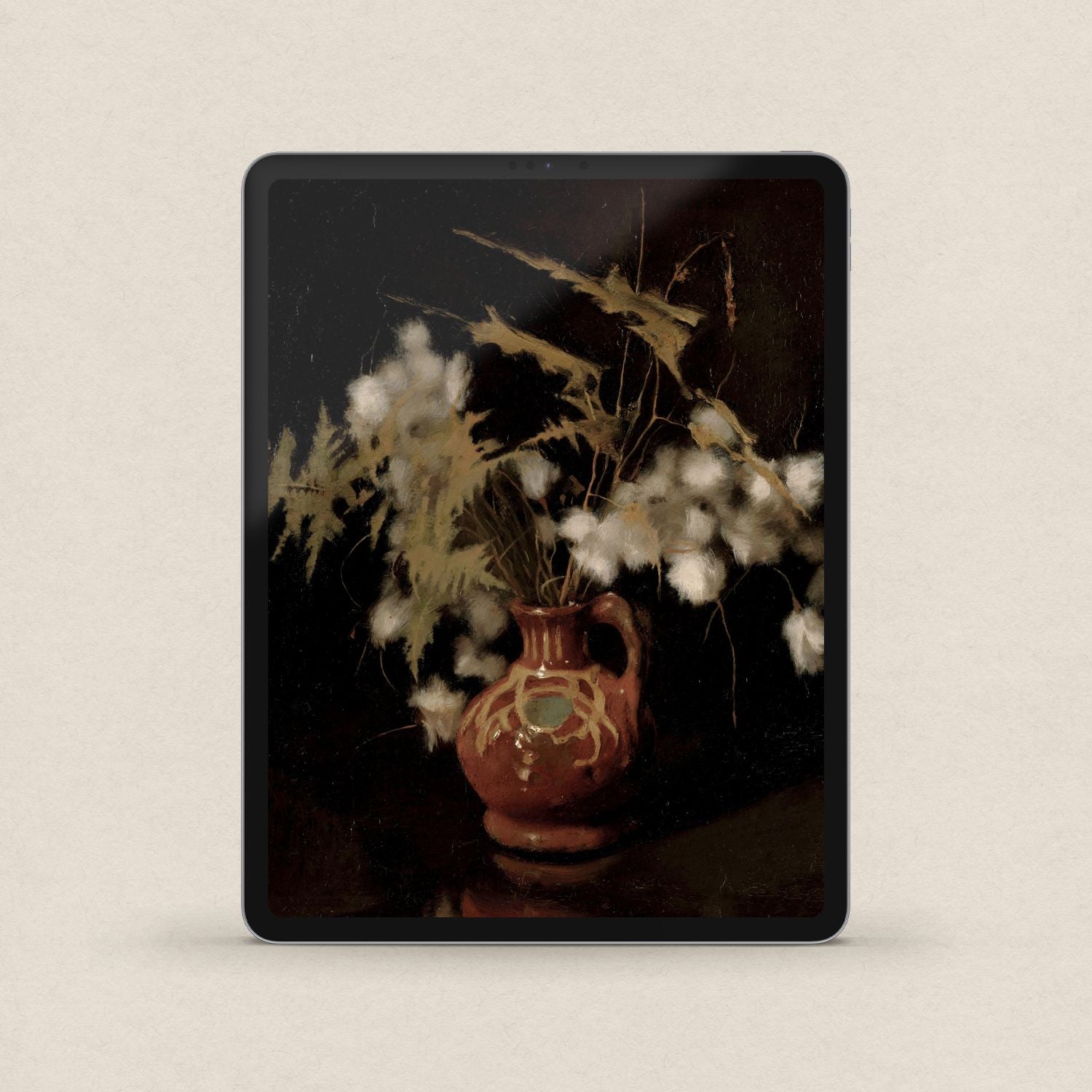 Dark floral still life iPad wallpaper with vintage cotton branches and dramatic academic fine art styling.