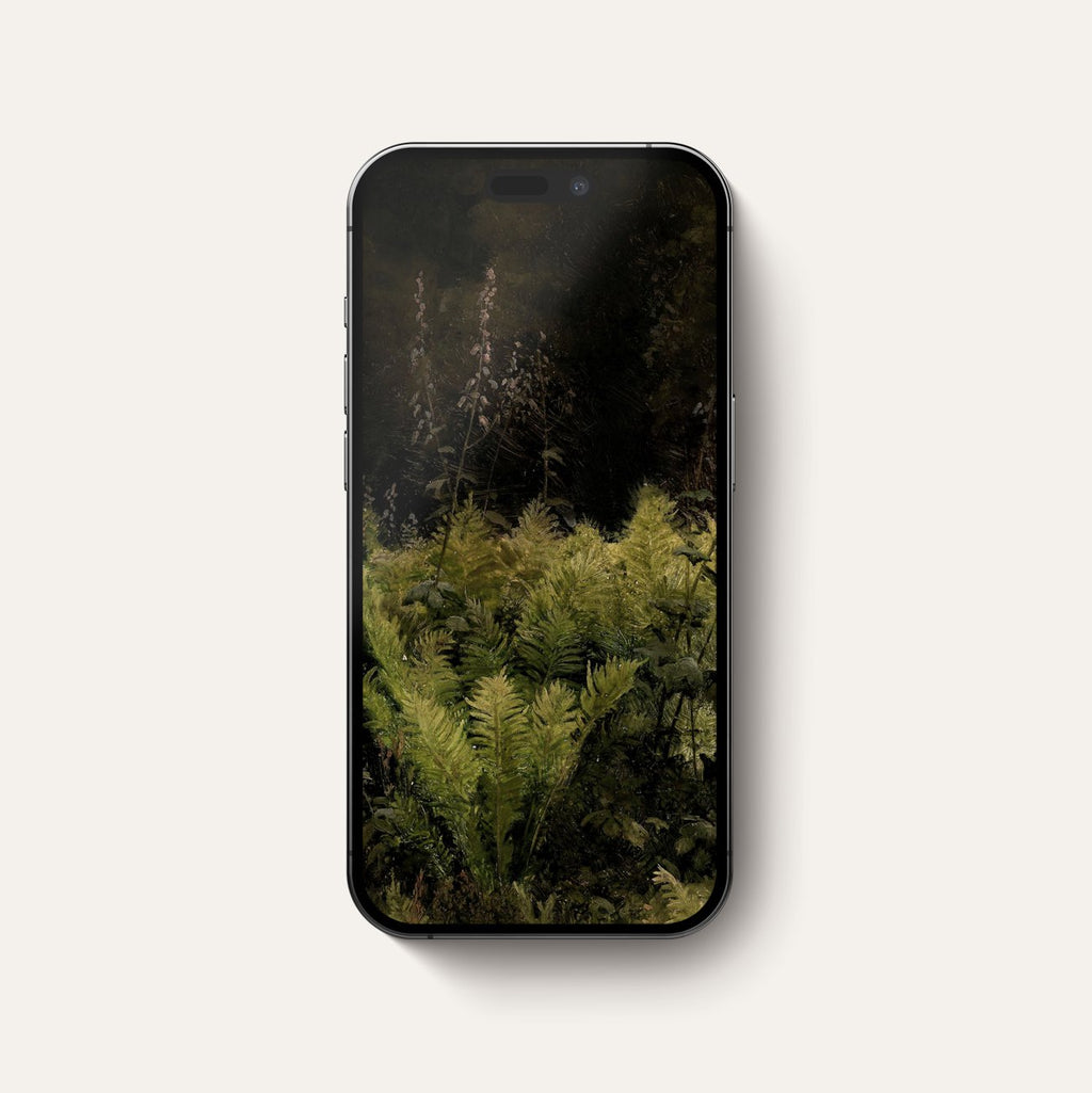 Dark Forest Ferns iPhone lockscreen wallpaper featuring moody botanical artwork and deep forest green tones.