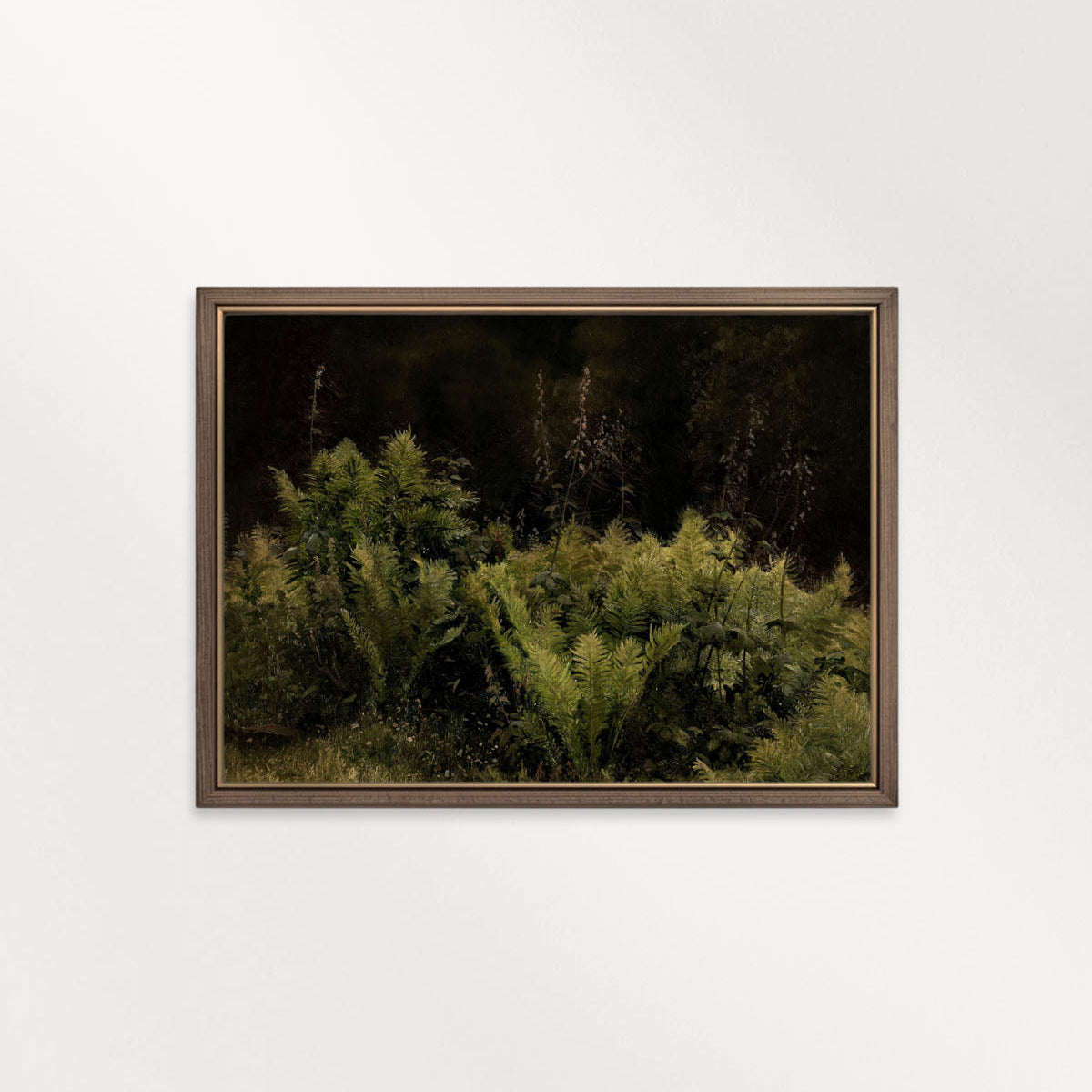 Dark Forest Ferns vintage botanical oil painting featuring deep green moody fern foliage and rich forest tones.